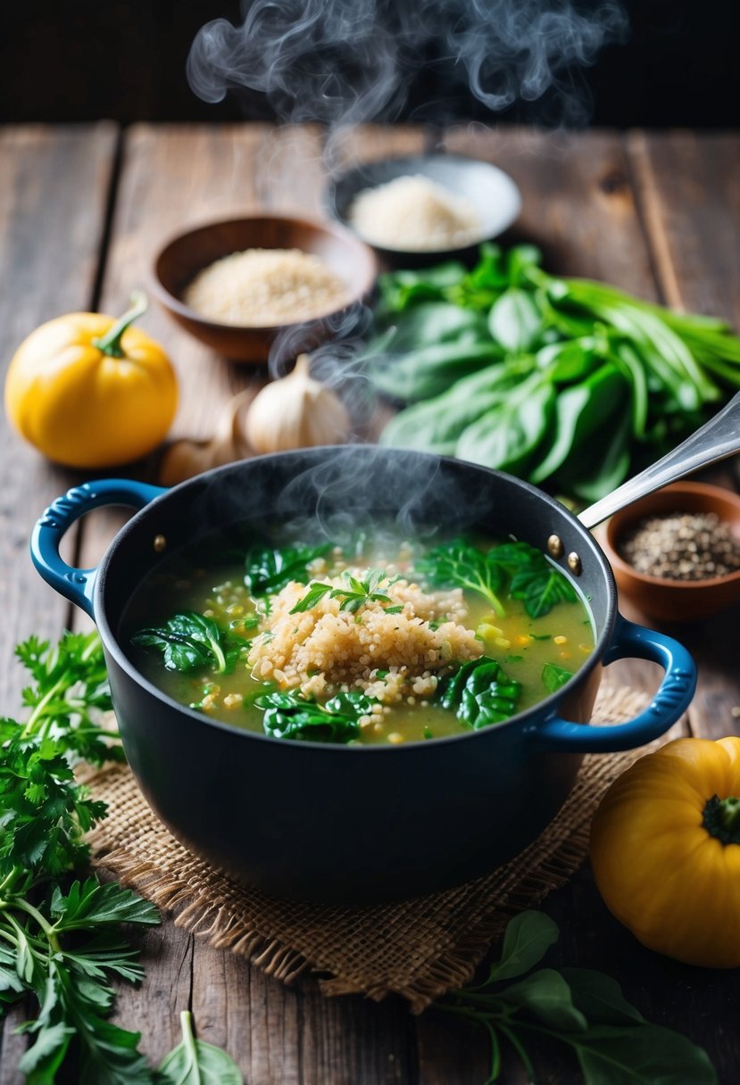 A steaming pot of quinoa and spinach soup surrounded by fresh ingredients and herbs on a rustic wooden table