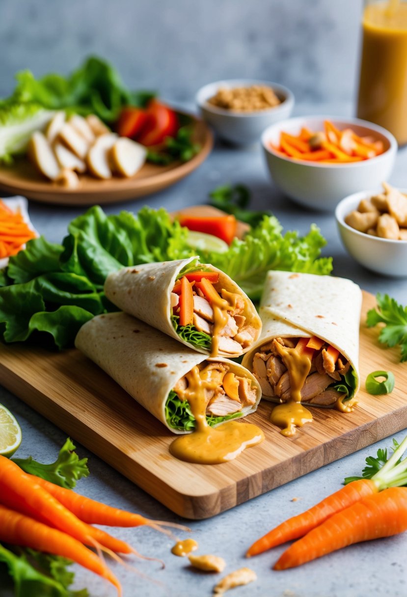 A colorful Thai Chicken Wrap with Peanut Sauce being prepared on a clean, wooden cutting board surrounded by fresh ingredients like lettuce, carrots, and sliced chicken