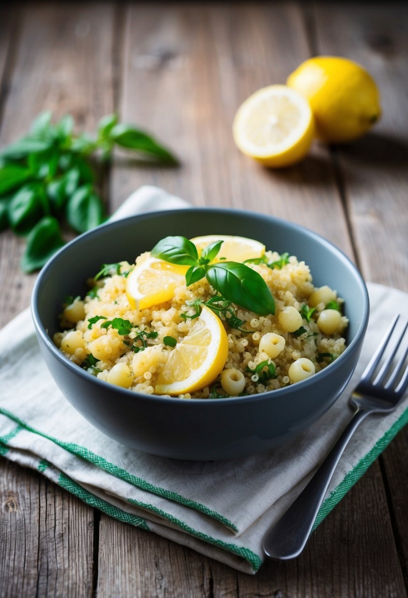 A bowl of Lemon Basil Quinoa Pasta with fresh herbs and lemon slices on a rustic wooden table