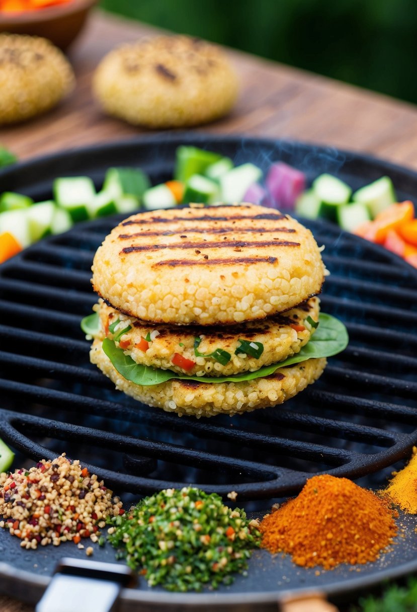 A sizzling quinoa veggie burger on a grill, surrounded by colorful chopped vegetables and a variety of spices