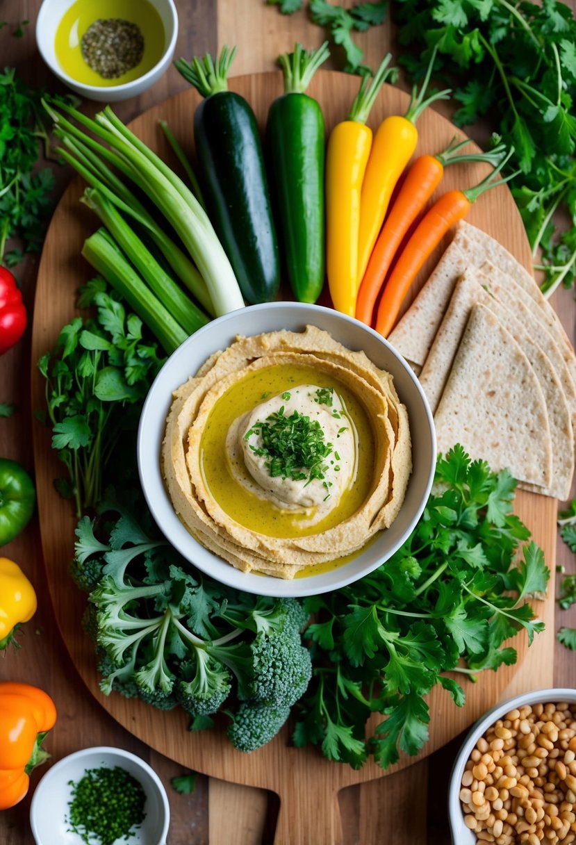 A colorful array of fresh vegetables and a bowl of creamy hummus on a wooden cutting board, surrounded by whole grain wraps and a scattering of herbs