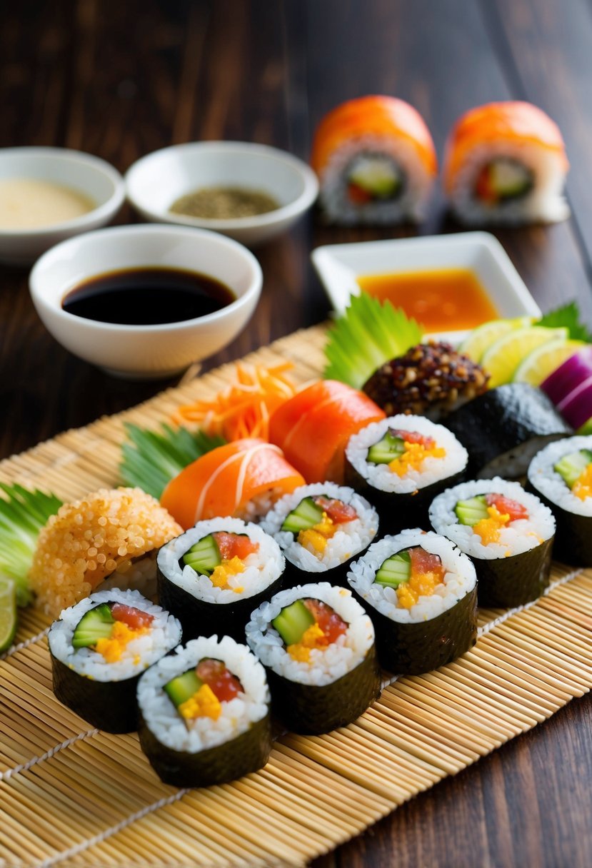 A colorful array of quinoa sushi rolls arranged on a bamboo mat with accompanying dipping sauce and garnishes