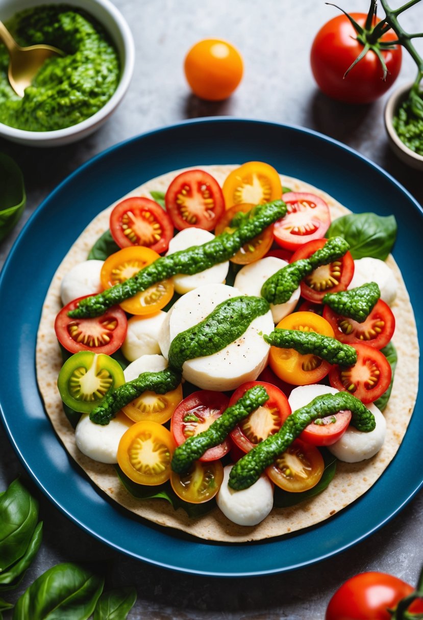 A colorful array of fresh tomatoes, mozzarella, and basil leaves arranged on a soft tortilla, drizzled with vibrant green basil pesto