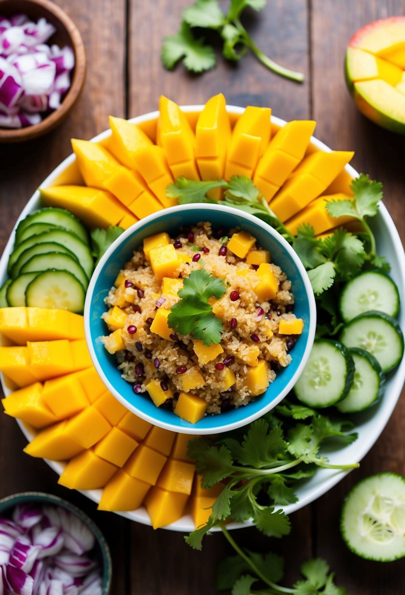 A colorful bowl of mango quinoa salad surrounded by fresh ingredients like diced mango, red onion, cucumber, and cilantro on a wooden table