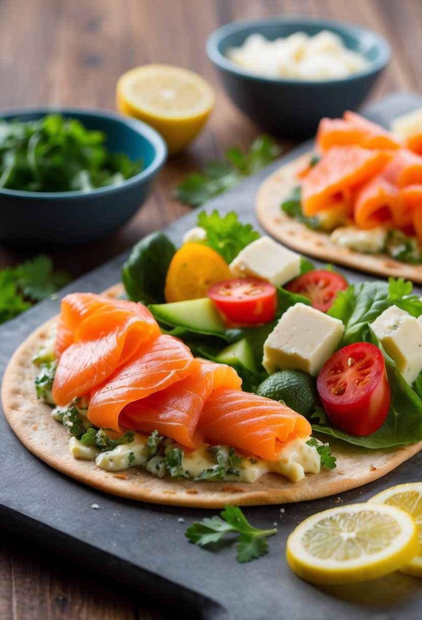 A colorful array of fresh smoked salmon, creamy cheese, and vibrant vegetables arranged on a flatbread, ready to be rolled into a delicious wrap