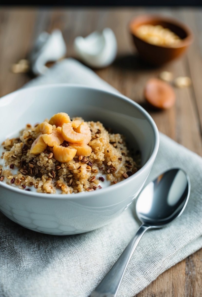 A bowl of quinoa pudding surrounded by coconut milk, with a spoon resting on the side