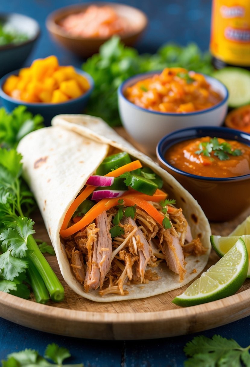 A colorful array of fresh ingredients, including tender pulled pork, vibrant vegetables, and flavorful sauces, all wrapped up in a soft tortilla