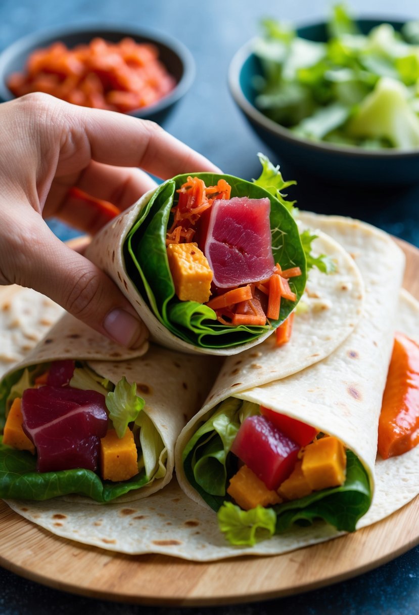 A colorful array of fresh ingredients being wrapped in a soft tortilla, with vibrant red tuna, crisp lettuce, and spicy sauce