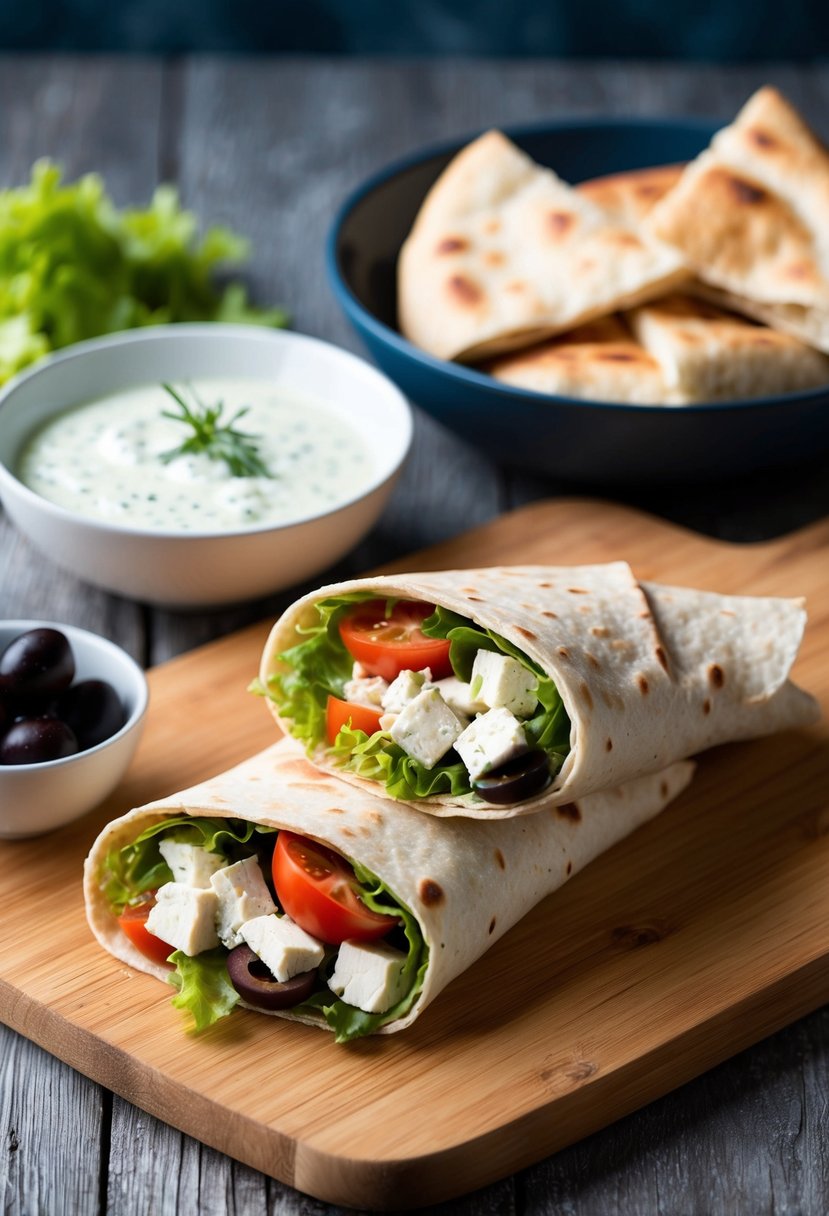 A Greek chicken wrap with feta, tomatoes, lettuce, and olives on a wooden cutting board next to a bowl of tzatziki sauce and a pile of fresh pita bread