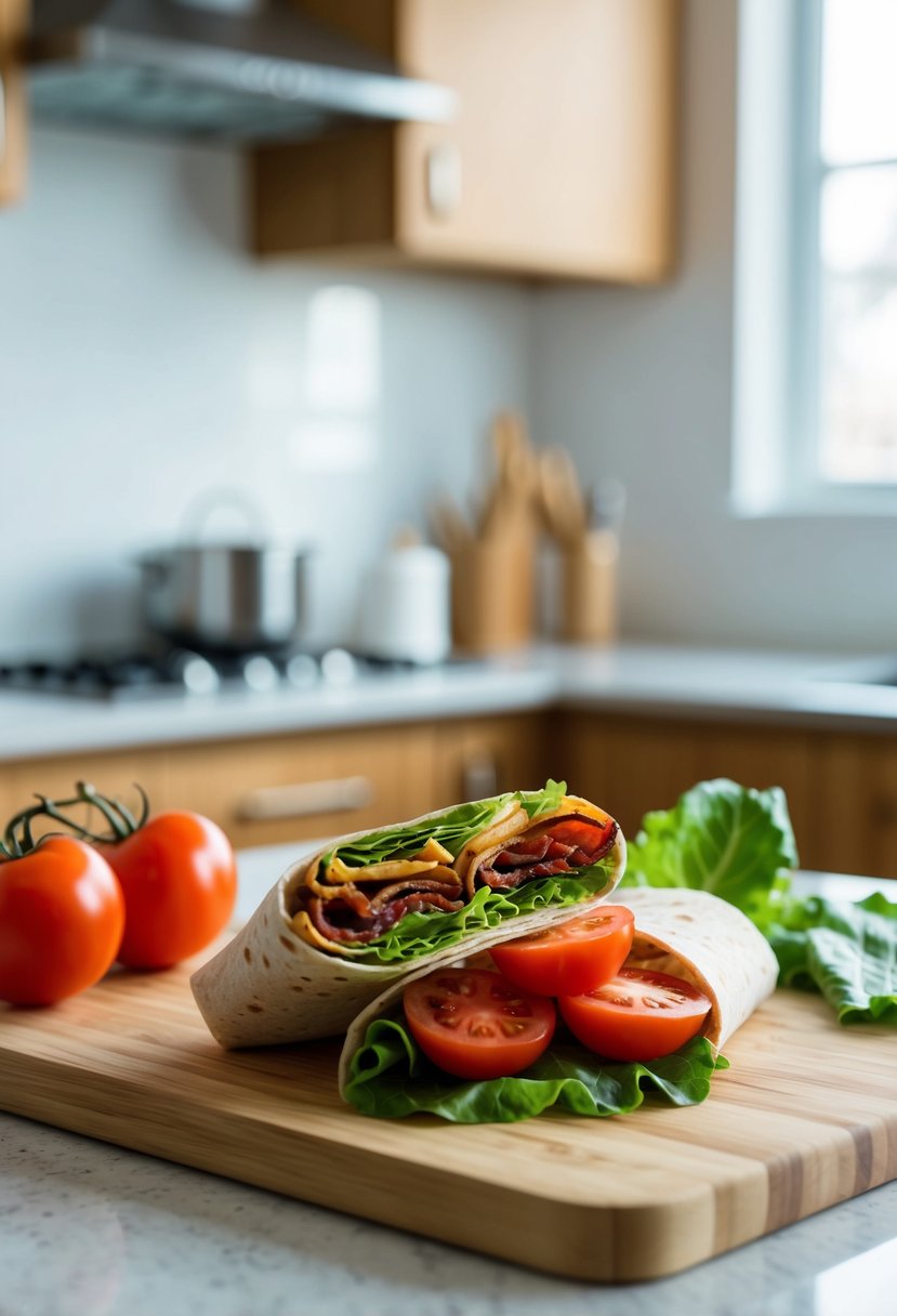 A BLT wrap recipe being prepared with crispy bacon, fresh lettuce, and ripe tomatoes on a clean kitchen counter