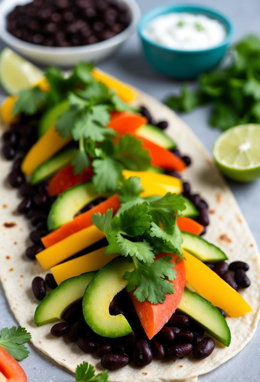 A colorful array of fresh vegetables and black beans arranged on a tortilla, ready to be wrapped into a delicious Chipotle Black Bean Wrap