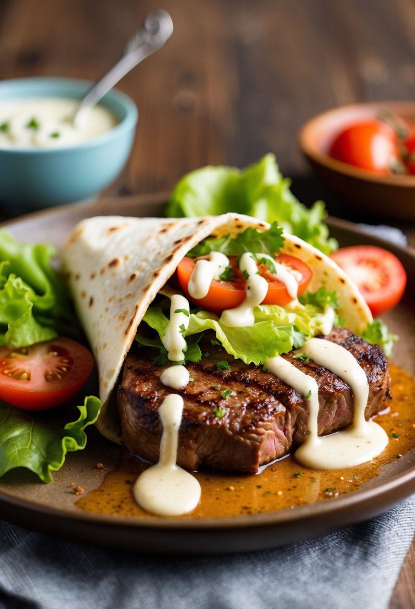 A sizzling steak with southwest seasoning, wrapped in a soft tortilla with fresh lettuce, tomatoes, and a drizzle of creamy sauce