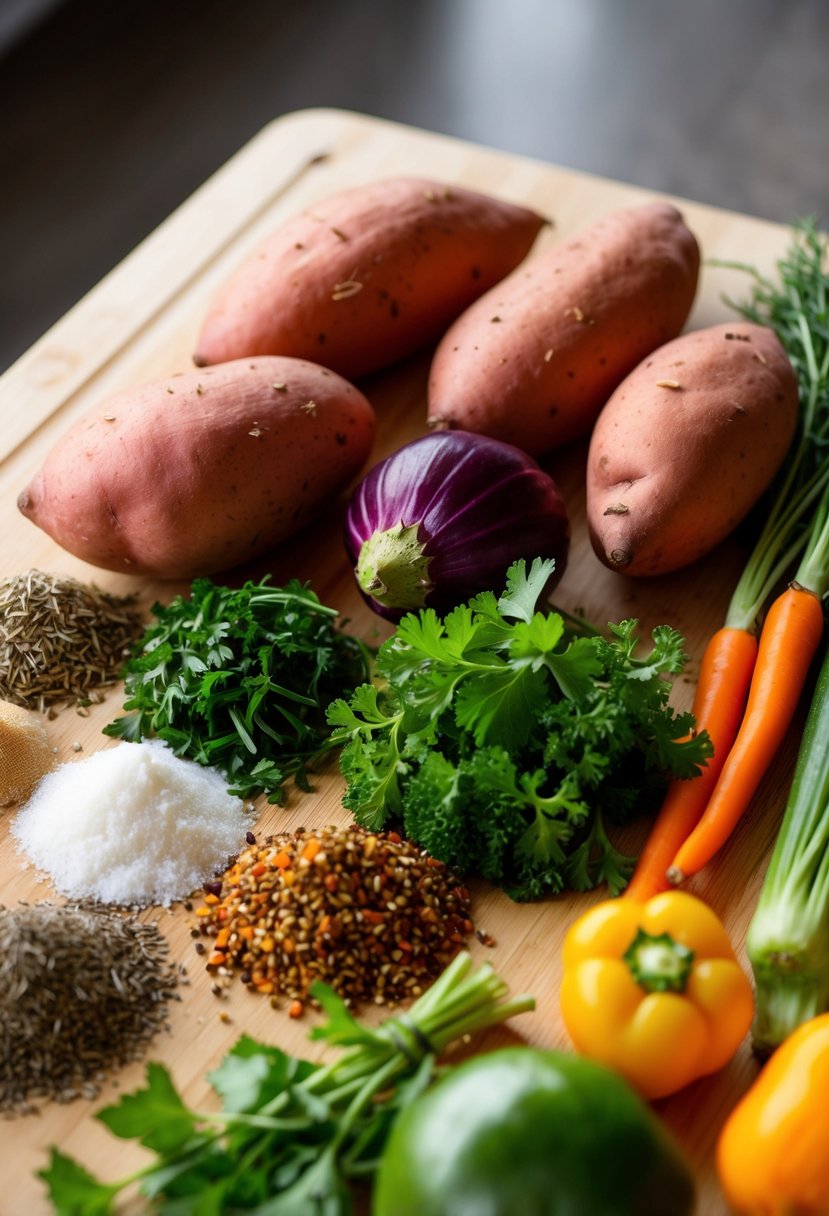 Fresh sweet potatoes, colorful vegetables, and a variety of herbs and spices arranged on a clean, wooden cutting board