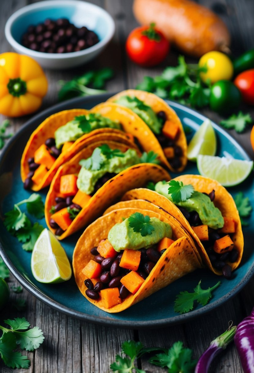 A colorful array of sweet potato and black bean tacos on a rustic wooden table, surrounded by vibrant vegetables and herbs