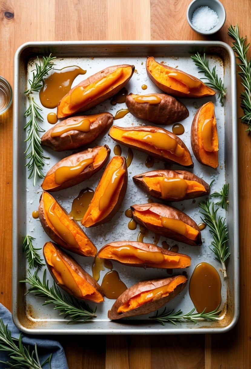 A baking sheet with golden roasted sweet potatoes drizzled with a glossy maple glaze, surrounded by scattered rosemary sprigs and a sprinkle of sea salt