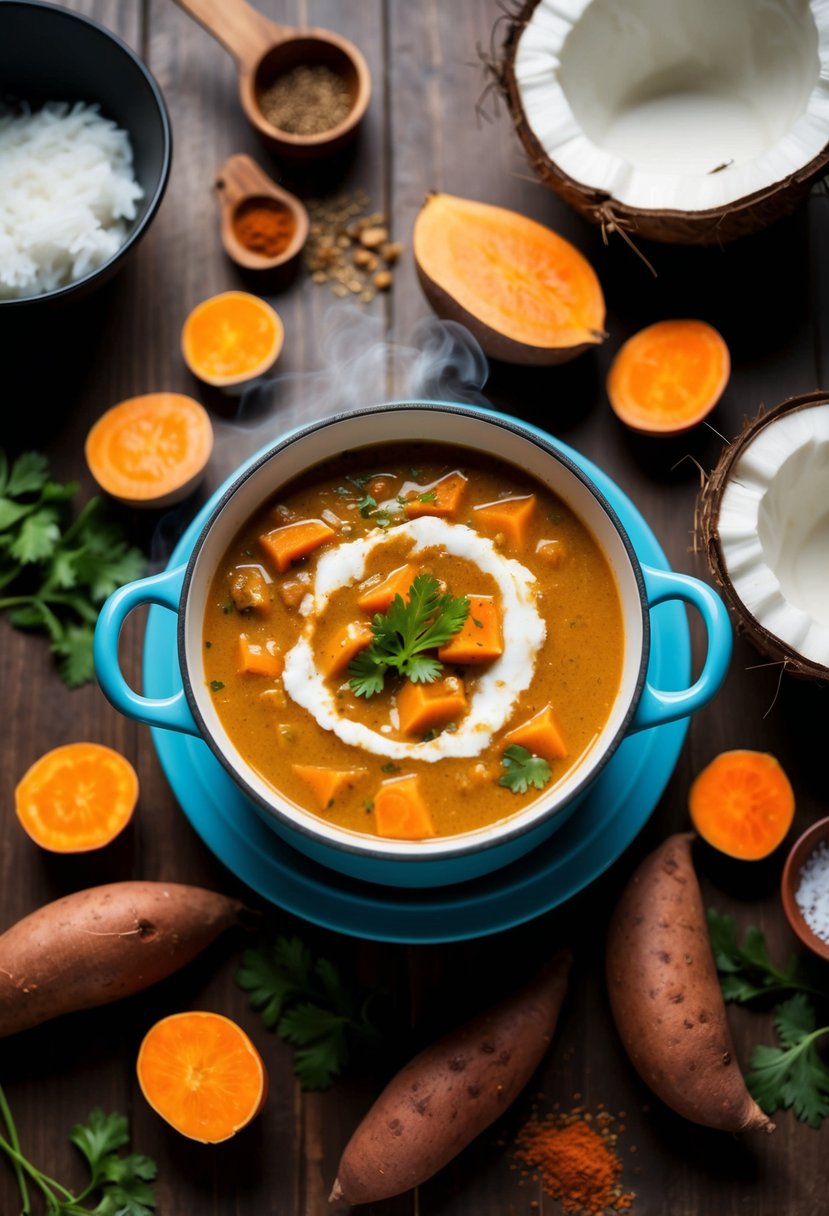 A steaming pot of coconut curry sweet potato soup surrounded by fresh sweet potatoes, coconut milk, and aromatic spices