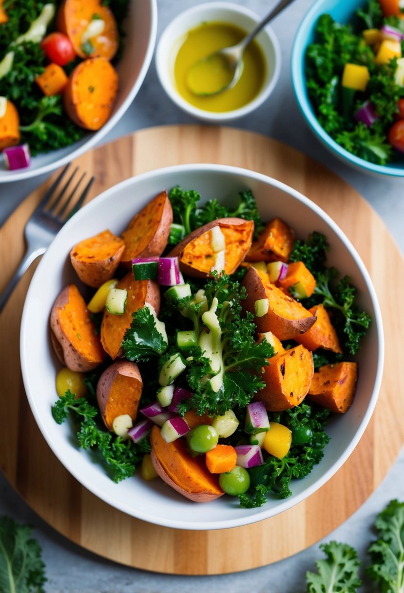 A colorful bowl filled with roasted sweet potatoes, fresh kale, and a variety of vibrant vegetables, drizzled with a light vinaigrette