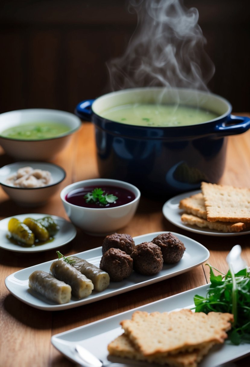 A table set with traditional Swedish dishes: meatballs, lingonberry sauce, pickled herring, and crispbread. A steaming pot of pea soup sits in the background