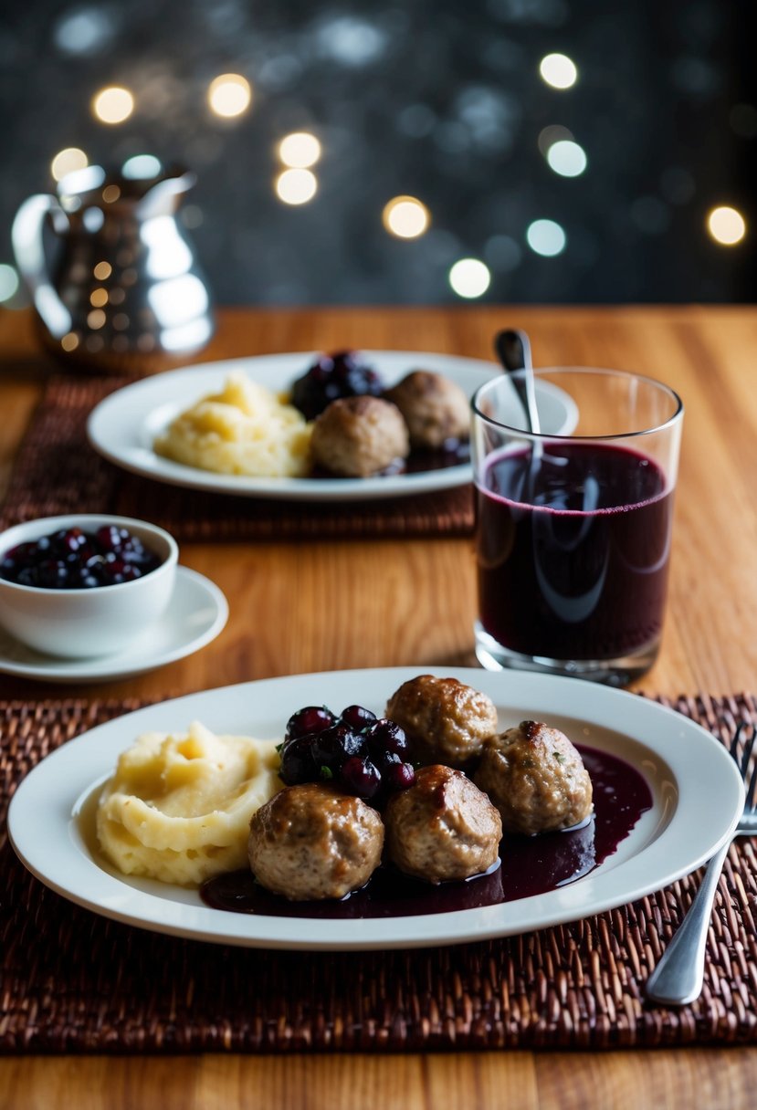 A table set with a platter of Swedish meatballs, lingonberry sauce, and a side of mashed potatoes, accompanied by a glass of lingonberry juice