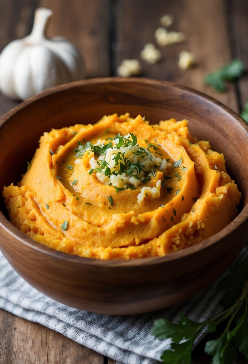 A rustic wooden bowl filled with creamy mashed sweet potatoes, topped with minced garlic and a sprinkle of fresh herbs