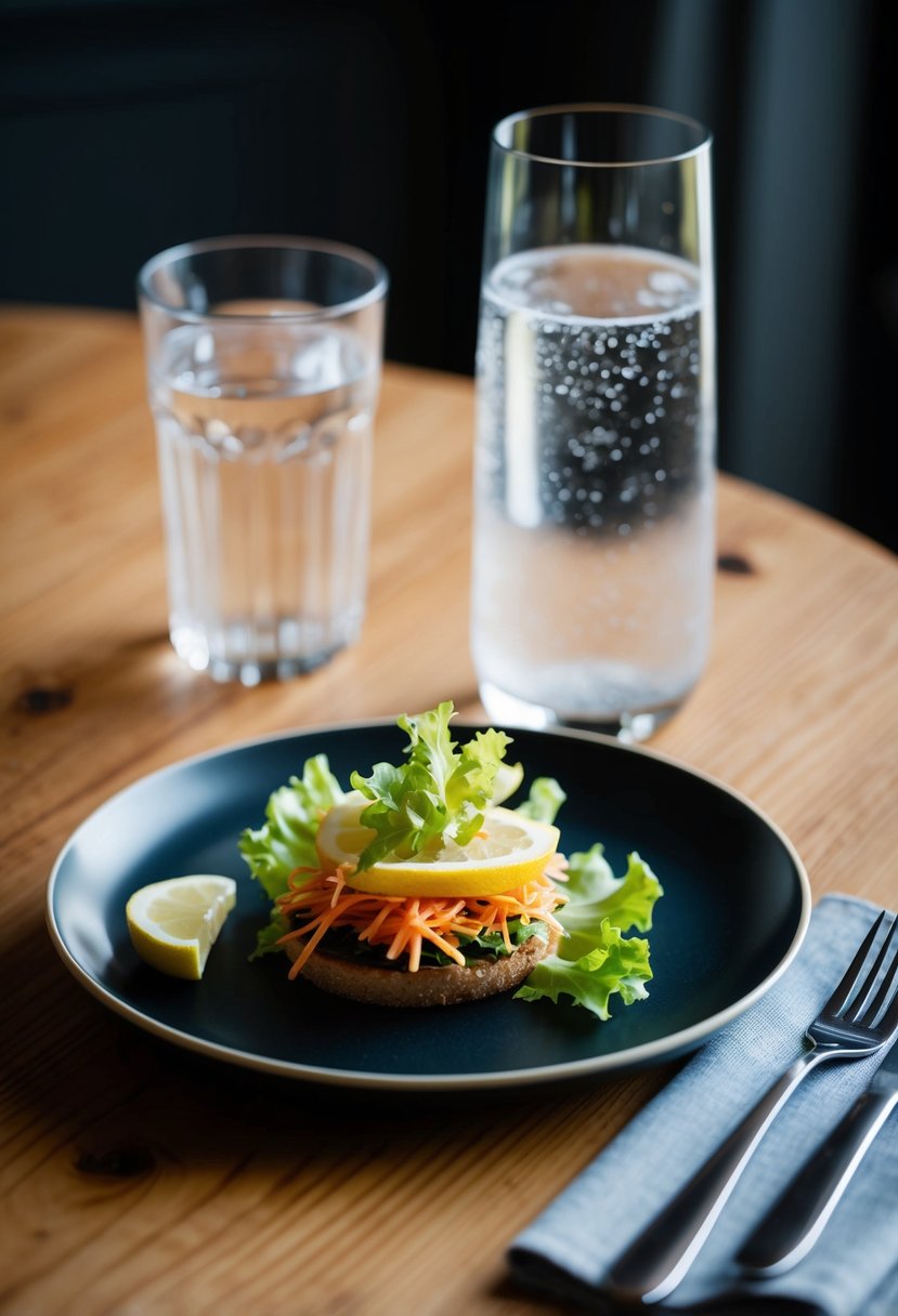 A wooden table set with a plate holding a Räksmörgås, garnished with lettuce and lemon, beside a glass of sparkling water