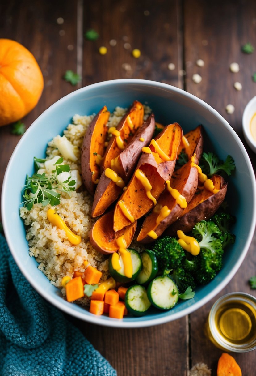 A colorful bowl filled with roasted sweet potatoes, fluffy quinoa, and various fresh vegetables, drizzled with a savory sauce