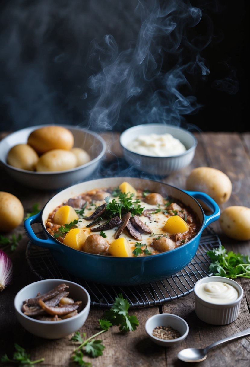 A rustic kitchen table with a steaming dish of Jansson's Temptation, surrounded by ingredients like potatoes, onions, anchovies, and cream