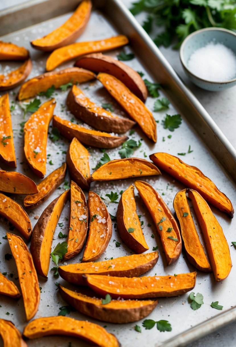 A baking sheet filled with golden brown sweet potato fries, sprinkled with sea salt and fresh herbs