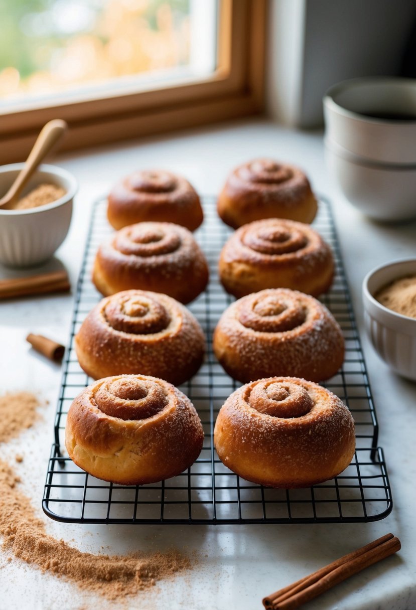 A cozy kitchen counter with freshly baked Kanelbullar cooling on a wire rack, surrounded by scattered cinnamon and sugar