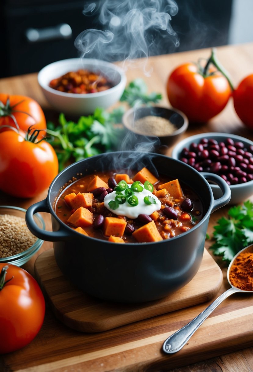 A steaming pot of vegan sweet potato chili surrounded by fresh ingredients like tomatoes, beans, and spices on a wooden kitchen counter