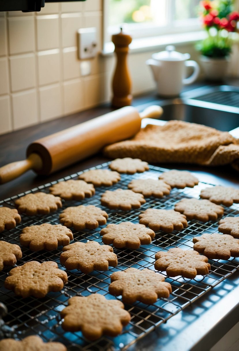 A cozy kitchen with a rolling pin, gingerbread cookie dough, and a tray of freshly baked pepparkakor cookies cooling on a wire rack