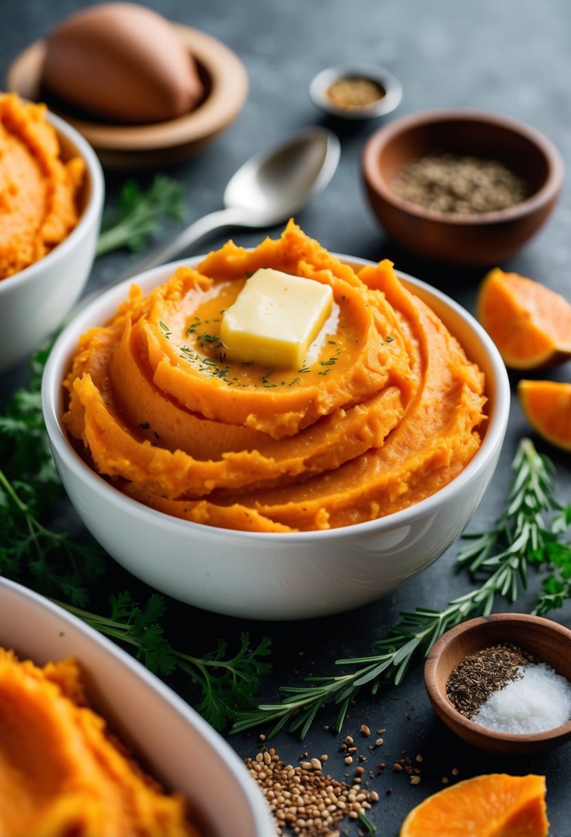 A bowl of creamy mashed sweet potatoes with a dollop of butter on top, surrounded by fresh herbs and spices