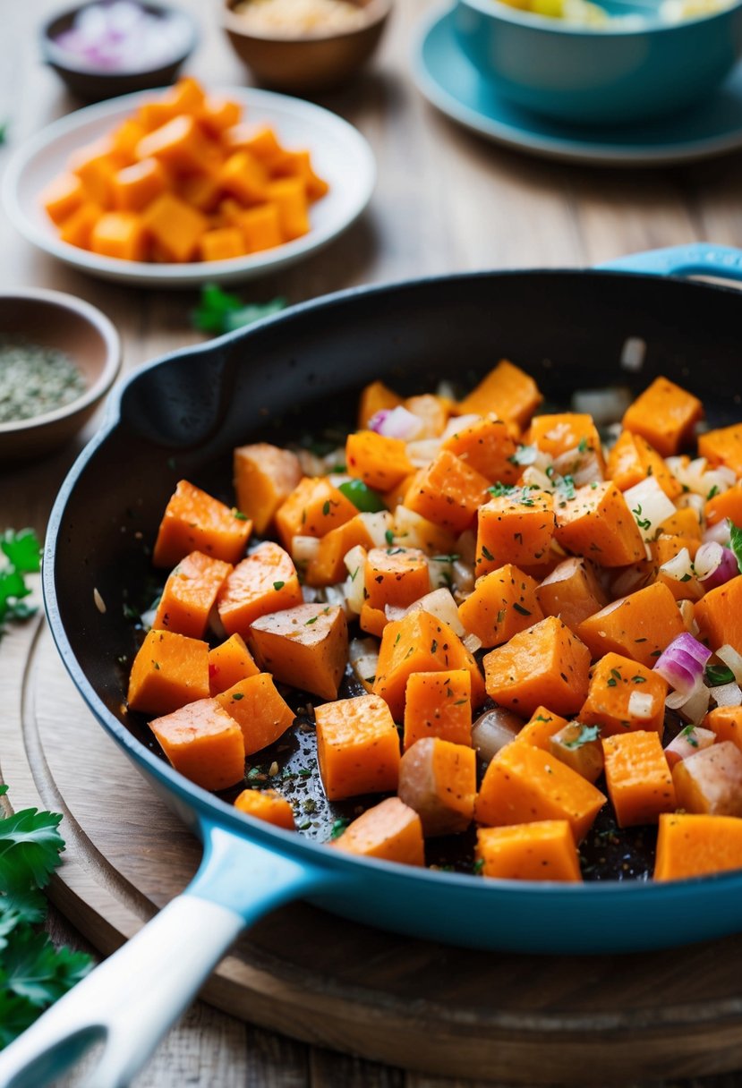 A colorful breakfast scene with diced sweet potatoes, onions, and bell peppers sizzling in a skillet, with a sprinkle of herbs and spices