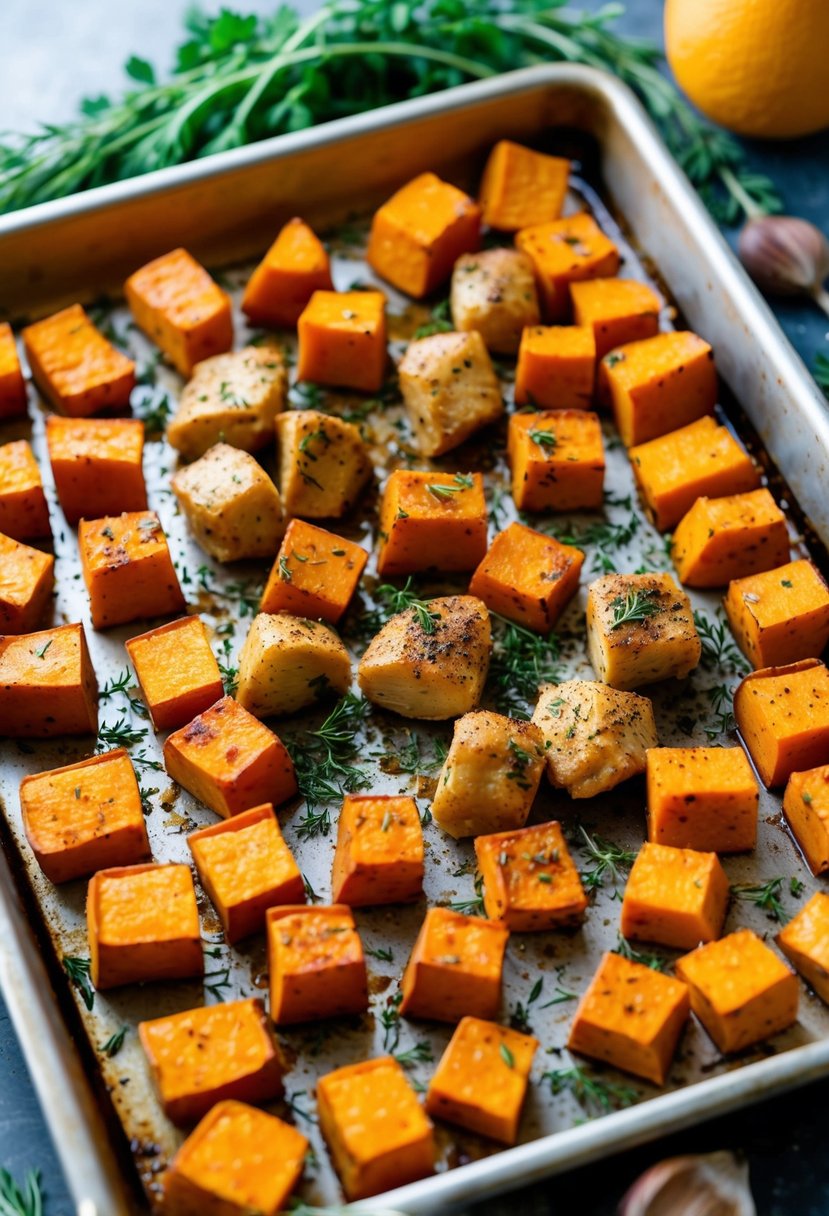 A sheet pan filled with roasted sweet potato cubes and seasoned chicken pieces, surrounded by fresh herbs and spices