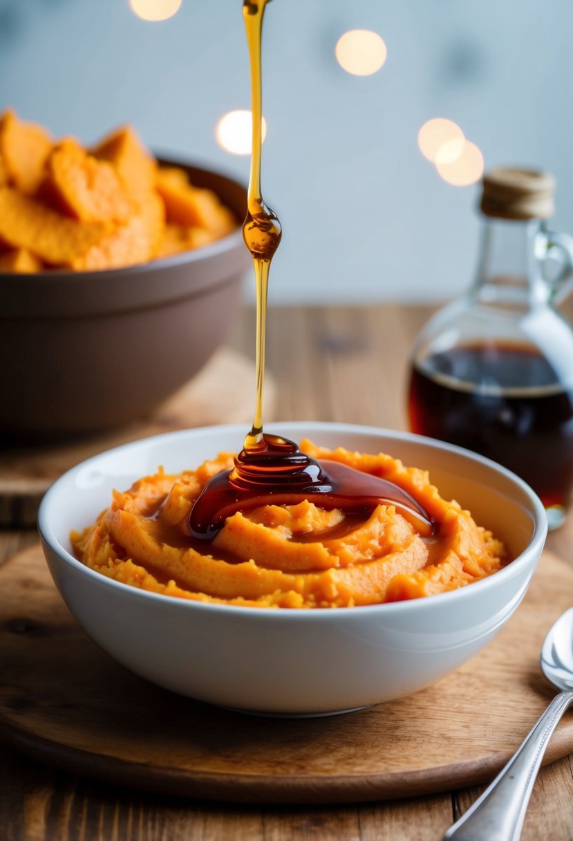 A bowl of creamy sweet potato mash drizzled with maple syrup