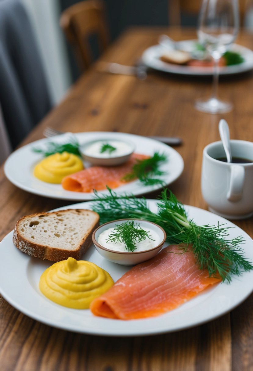 A table set with gravlax, dill, mustard, and rye bread