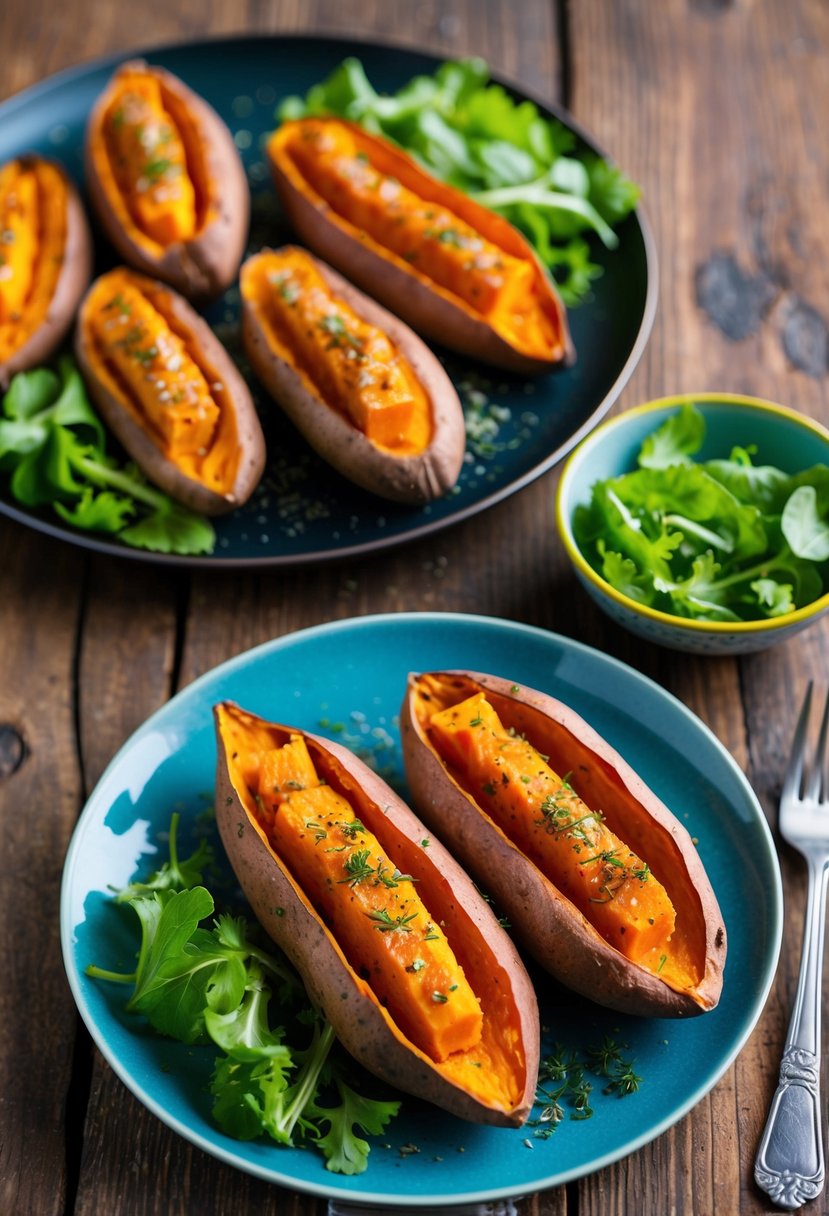 A rustic wooden table with a platter of twice-baked sweet potatoes, sprinkled with herbs and served with a side of vibrant green salad