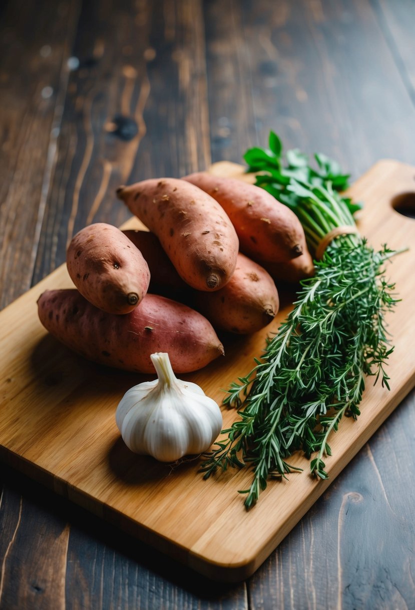 A wooden cutting board with a pile of sweet potatoes, a garlic bulb, and a bundle of fresh herbs