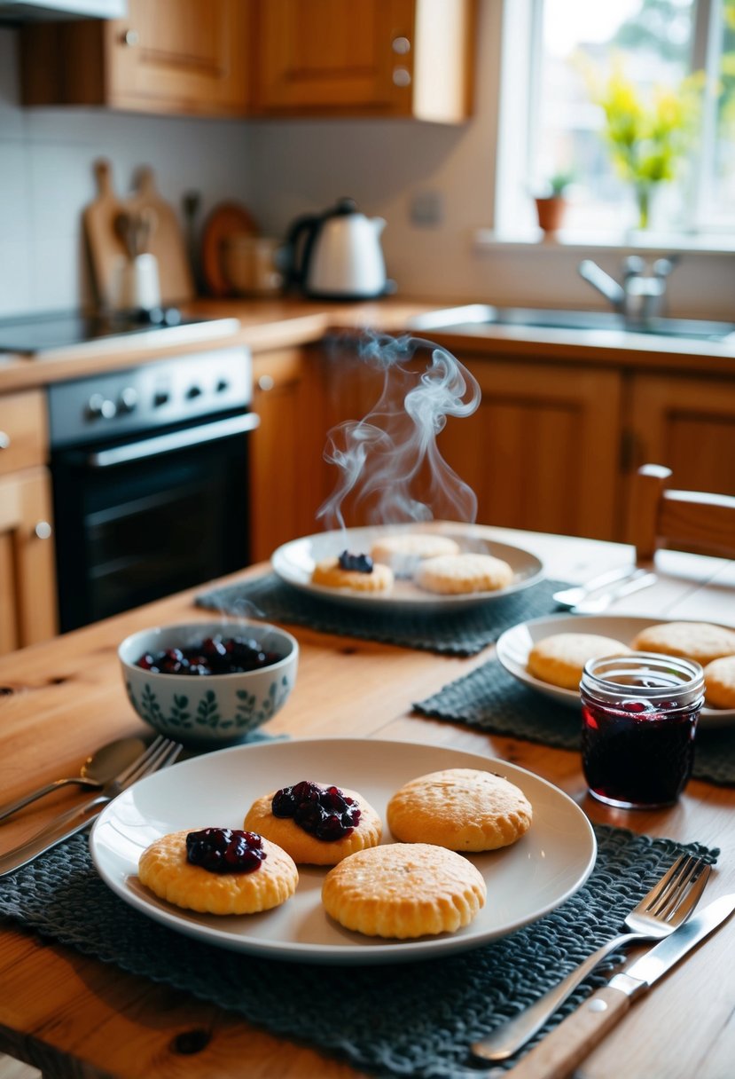 A cozy kitchen with a wooden table set for a traditional Swedish meal, featuring steaming hot kroppkakor served with lingonberry jam