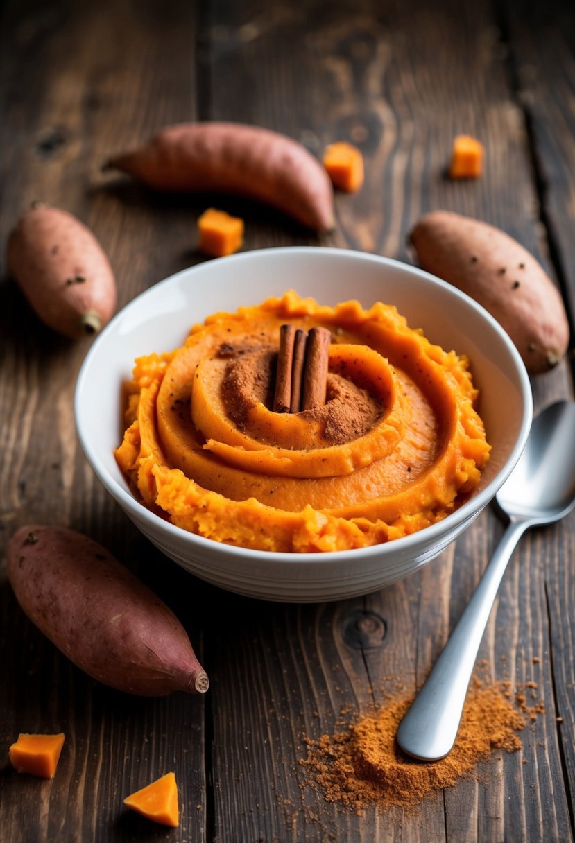 A rustic wooden table with a bowl of creamy, cinnamon-spiced sweet potato mash, surrounded by scattered whole sweet potatoes and a sprinkle of cinnamon