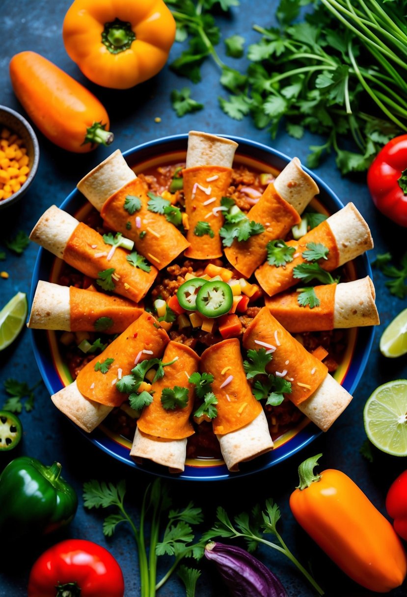 A colorful array of sweet potato enchiladas surrounded by vibrant vegetables and herbs