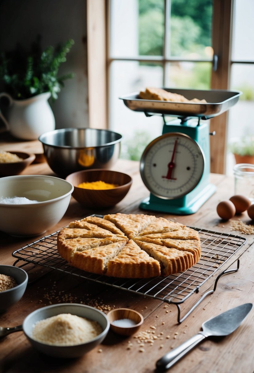 A rustic kitchen with a vintage scale, mixing bowls, and ingredients scattered on a wooden table, with a freshly baked kladdkaka cooling on a wire rack