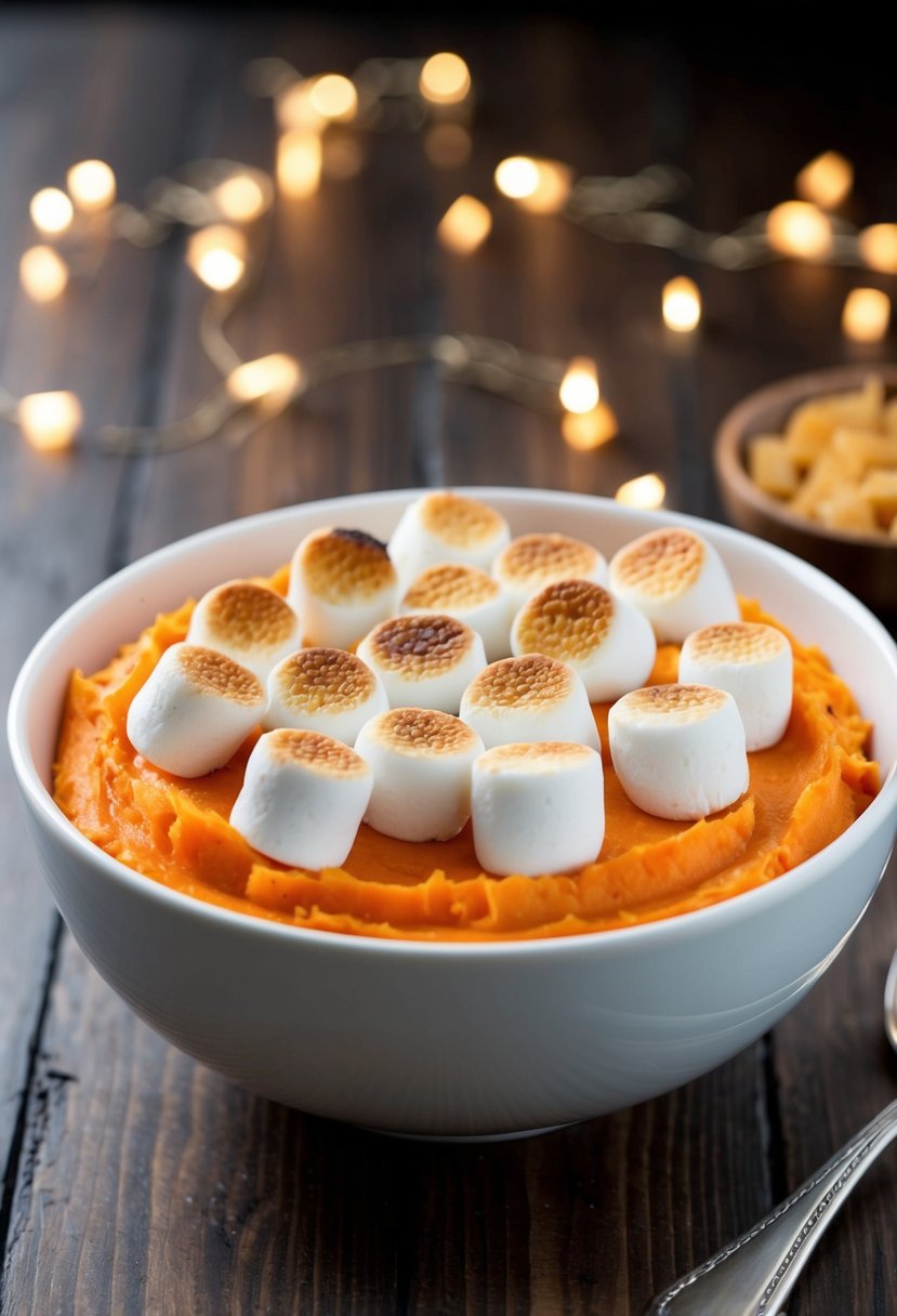 A bowl of creamy sweet potato mash topped with a fluffy layer of toasted marshmallows