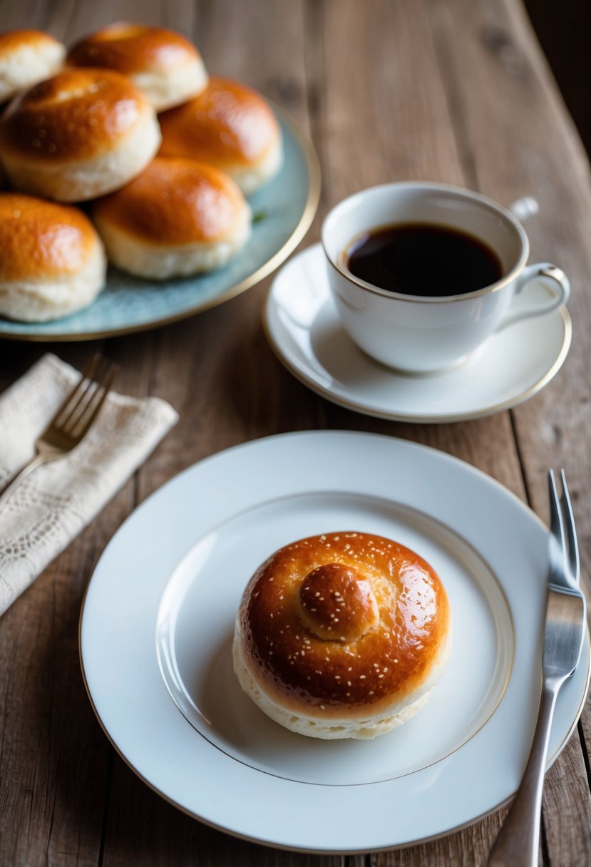 A table set with a plate of Semla buns, a cup of coffee, and a dainty napkin