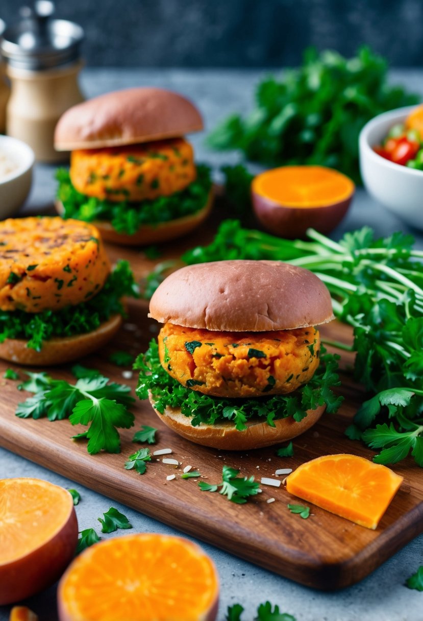 A colorful array of sweet potato veggie burgers surrounded by fresh ingredients and herbs on a wooden cutting board