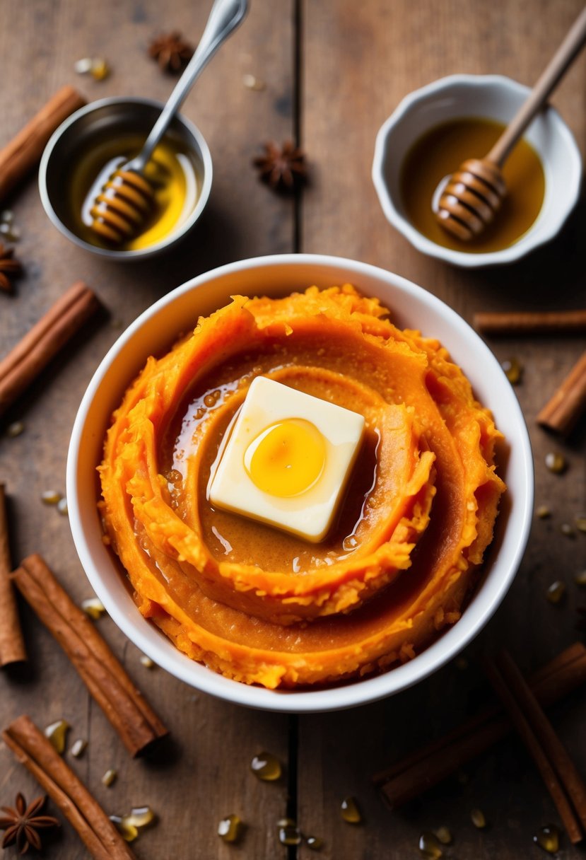 A bowl of honey-glazed sweet potato mash with a dollop of butter on top, surrounded by scattered cinnamon sticks and a drizzle of honey