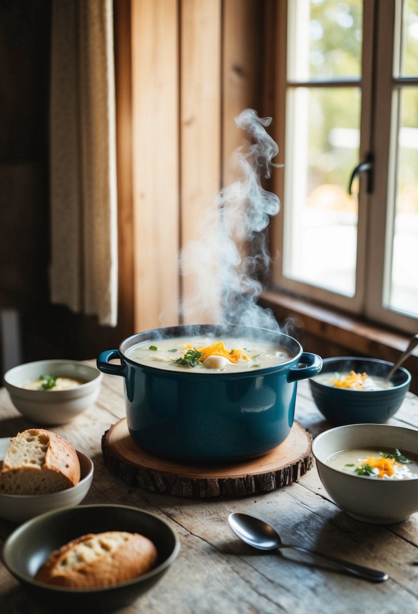 A steaming pot of Ärtsoppa sits on a rustic table, surrounded by bowls, spoons, and a loaf of crusty bread. The room is cozy, with sunlight streaming through the window