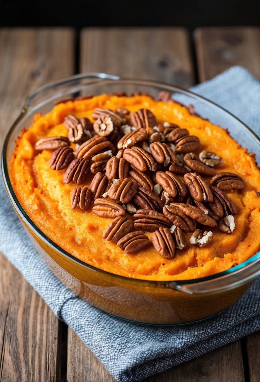 A golden-brown sweet potato casserole topped with a layer of crunchy pecans, sitting on a rustic wooden table