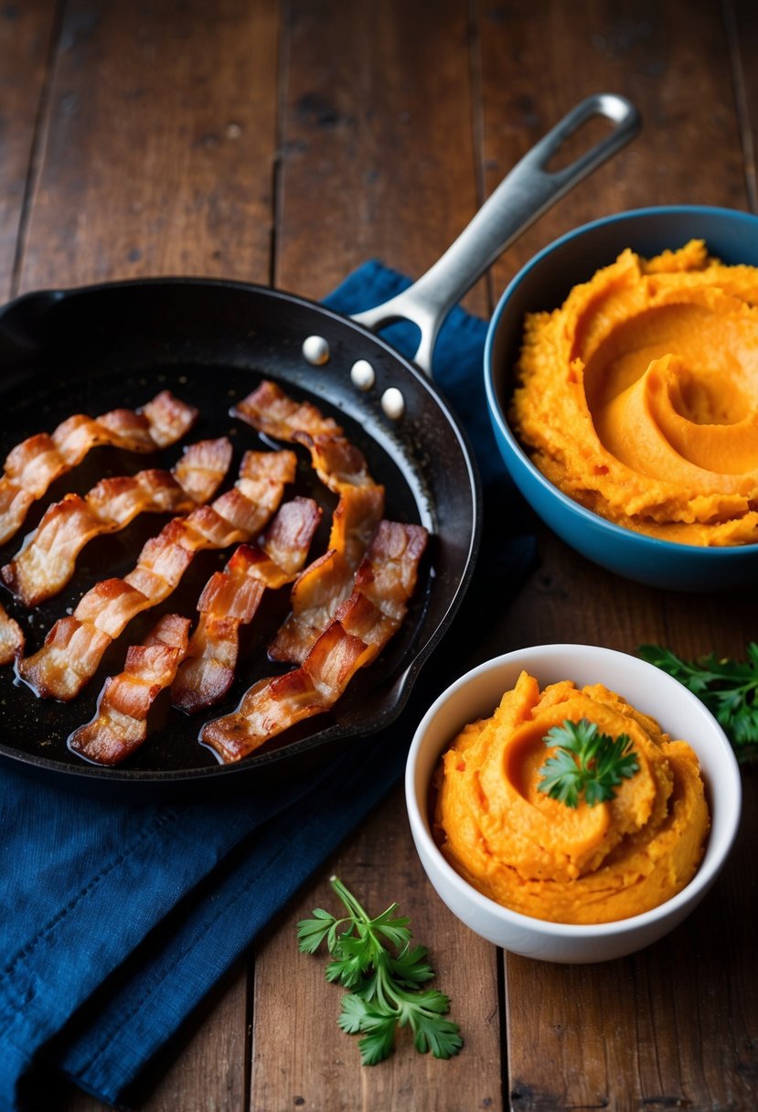 A sizzling skillet of crispy bacon next to a bowl of creamy sweet potato mash