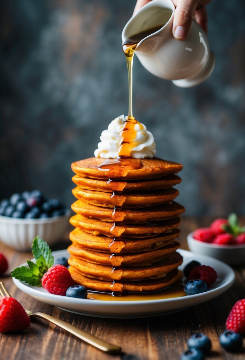 A stack of golden spiced sweet potato pancakes topped with a dollop of whipped cream and a drizzle of maple syrup, surrounded by fresh berries and a sprig of mint